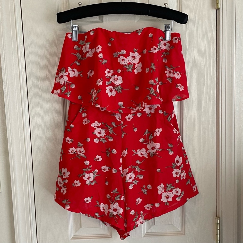 Floral Red Strapless Romper